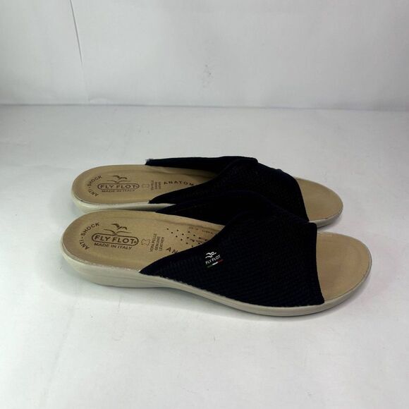 Fly Flot Italian Navy Blue Comfy Tan Wedge Slide Sandals Slip Ons Mesh Womens - Picture 2 of 8